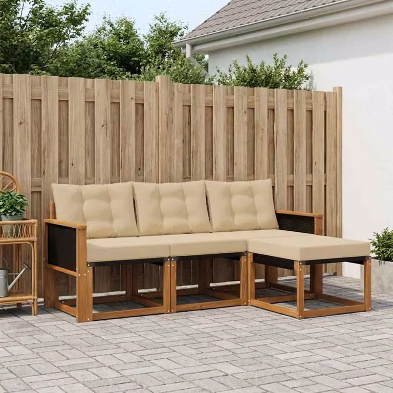 Set di divani da esterno vidaXL a forma di L con pouf, struttura in legno di acacia e sedute in textilene, colore beige e sabbia