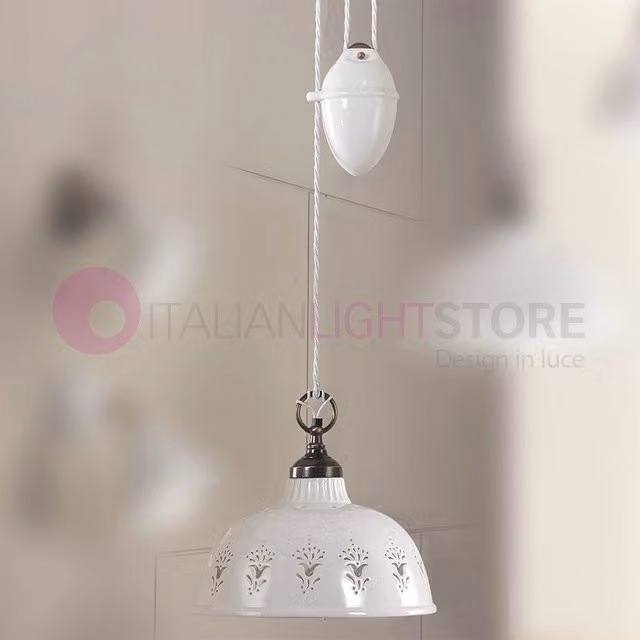 MASSERIA Lampadario Saliscendi in Ceramica e Ottone Rustico Country