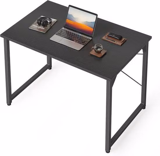 Ibenzoa® Scrivania Robusta – Tavolo multifunzionale per casa e ufficio, nero, 80x40x75 cm (ergonomica), struttura in metallo, piano in legno massello, bordo rialzato