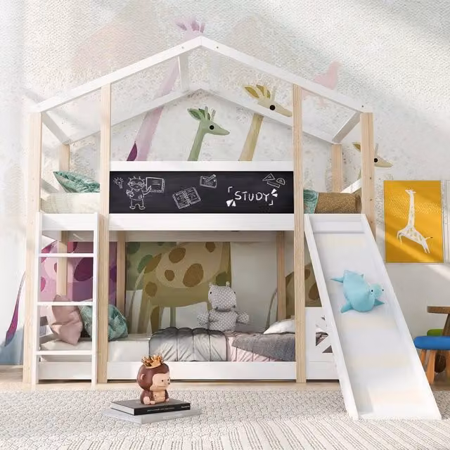 Letto a soppalco per bambini ¨C Minimal ¨C 90x200 cm pino bianco con scala e scivolo