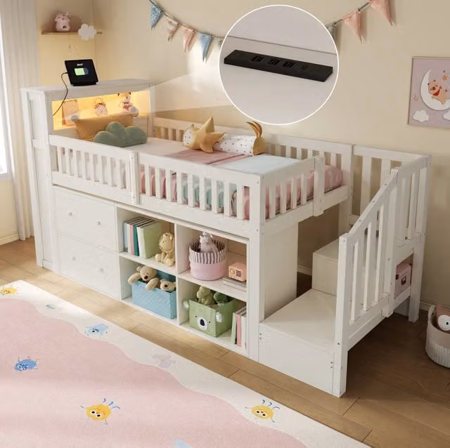 Letto a soppalco semi-alto ULEVR 90x200 cm con scrivania, cassetti, LED, USB e USB-C, bianco