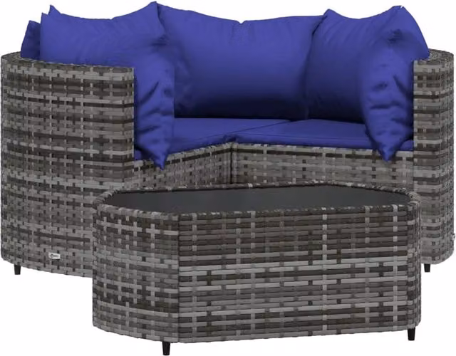 Set da giardino Outsunny a 4 pezzi con divano angolare a L e tavolino da caffè, in resina intrecciata grigia con cuscini blu e struttura in metallo