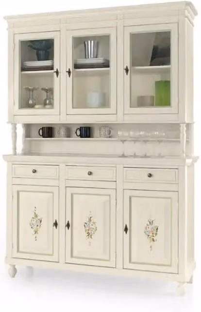 Cristalliera Shopinnovativo in stile arte povera con 6 ante, 3 cassetti e decori floreali, realizzata in legno massello e MDF, finitura bianco e verde, L: 158 cm, P: 47 cm, H: 213 cm