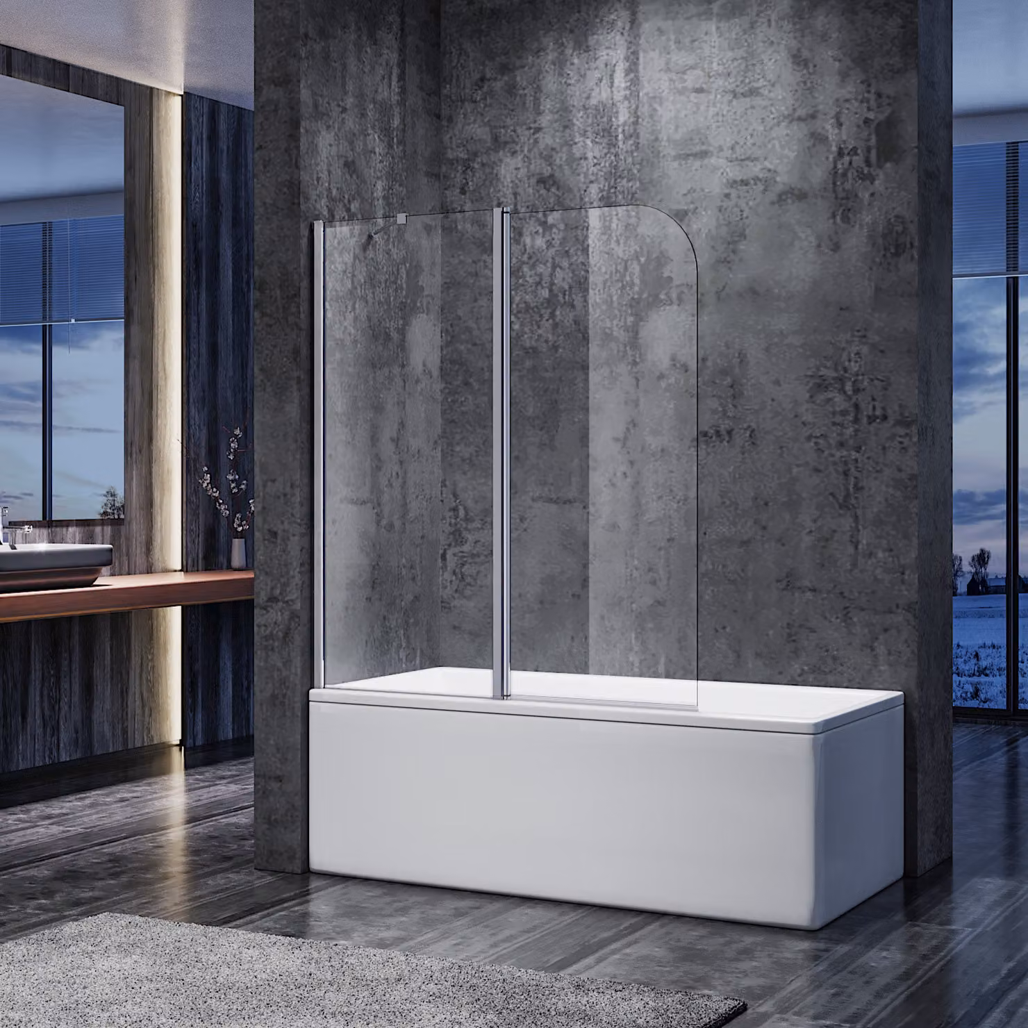 Cabina doccia SONNI per vasca da bagno, 120x140 cm con vetro di sicurezza monoplanare rivestito in NANO, cabina doccia pieghevole