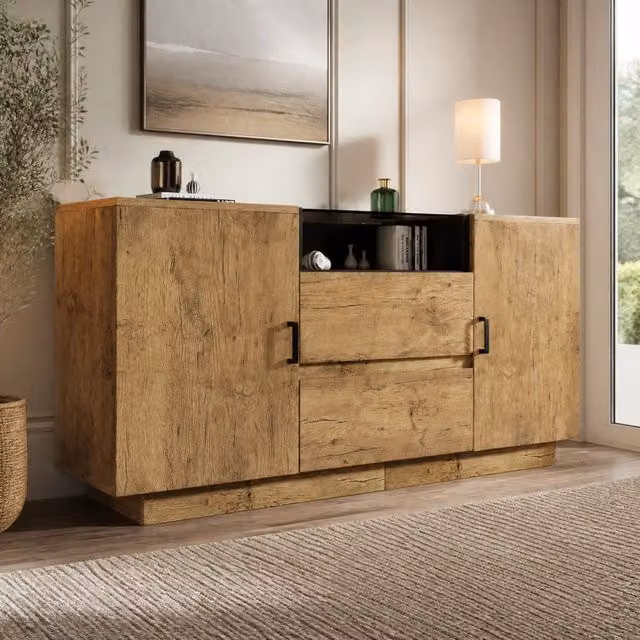 ?????? in rovere con 2 cassetti; 2 armadietti e vano aperto; vetro ESG; 140x40x70 cm