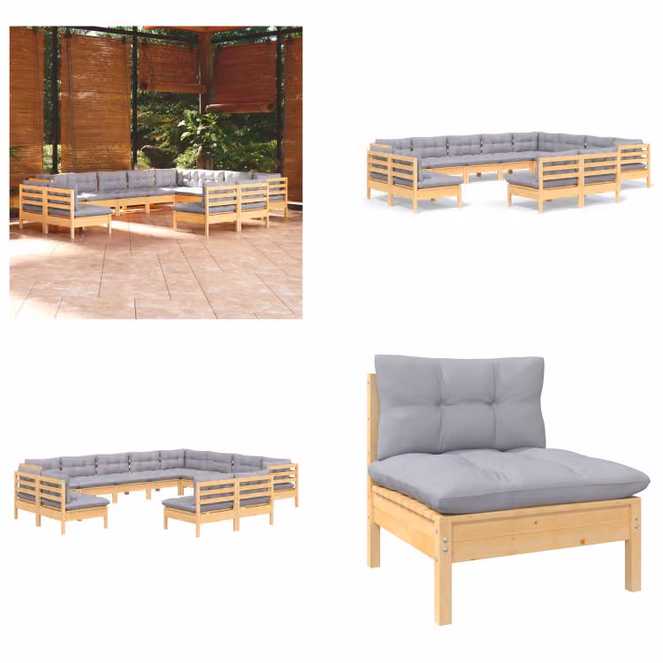 vidaXL Set salotto da giardino 12 pezzi con cuscini grigi in pino massiccio - Set salotto da giardino - Set salotto da giardino - Set arredo giardino - Set arredo giardino