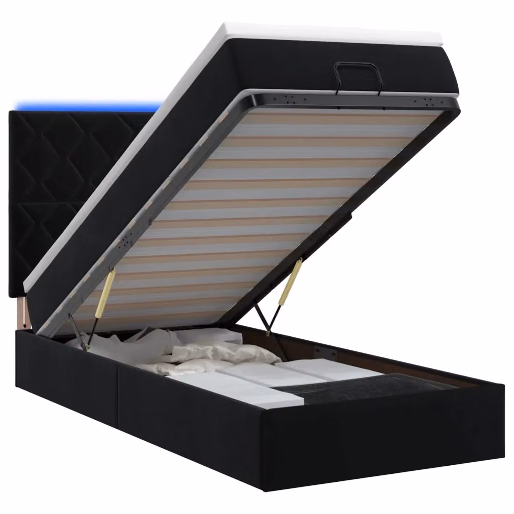 Letto Ottomano Moderno vidaXL in Velluto Nero con Materasso Ibrido e Illuminazione LED Sotto il Letto L: 190 cm, P: 90 cm, H: 88 cm – 2