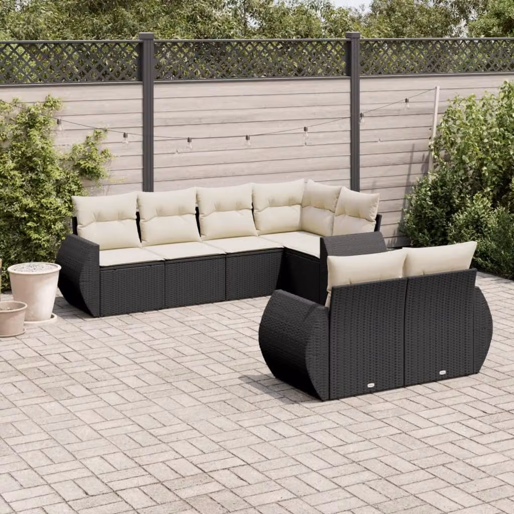 vidaXL Set Divani da Giardino a L con Cuscini 7pz in Polyrattan Nero e Bianco – 1