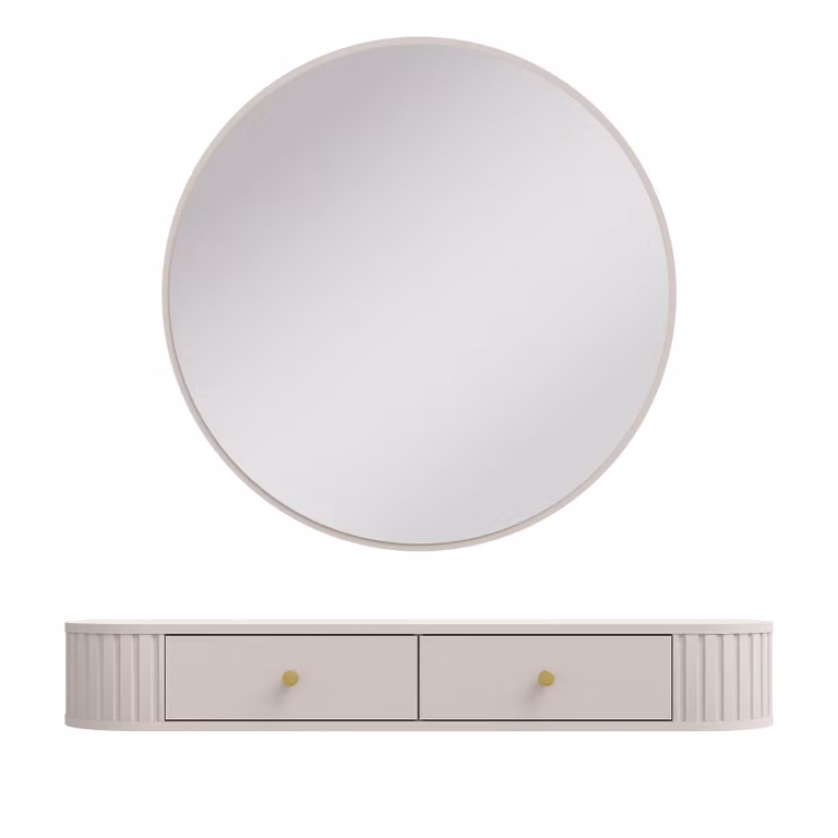 AX LIVING Toeletta Halay Beige 2 cassetti con bordi arrotondati + specchio rotondo 100 cm