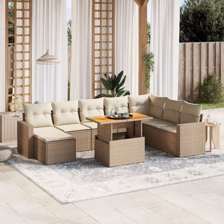 vidaXL Set Divano da Giardino 9 pz in Polyrattan Beige con Cuscini e Tavolino