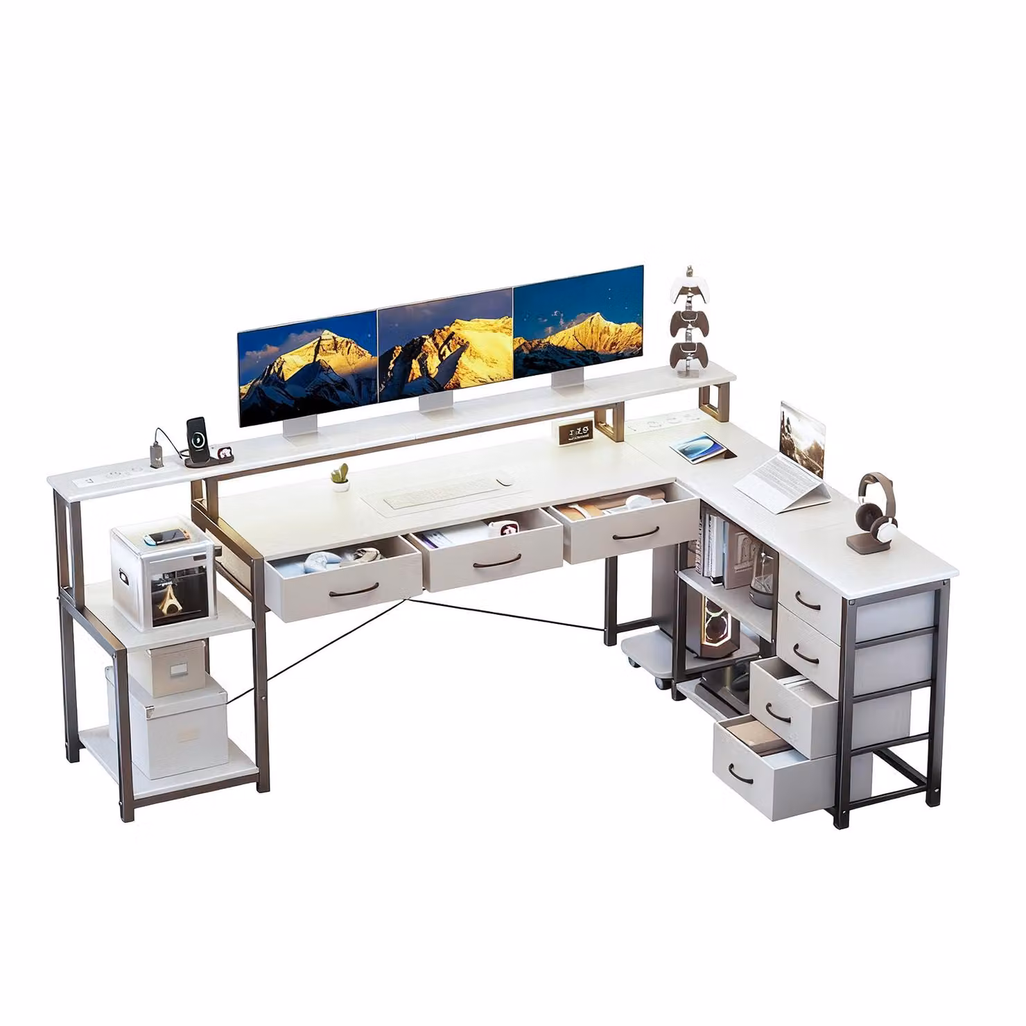AIORBER Scrivania angolare a forma di L con cassetti, prese elettriche e USB, supporto per monitor, illuminazione a LED, reversibile 200×146 cm, bianco