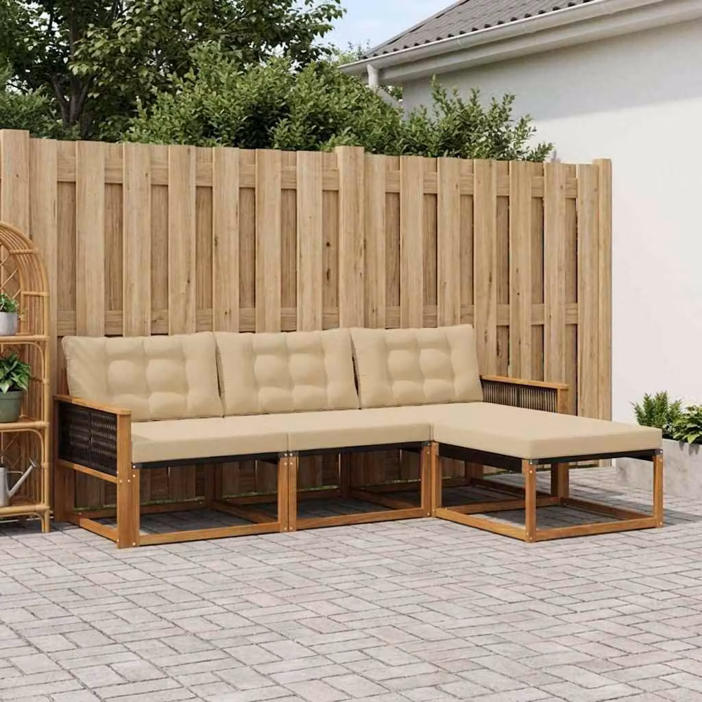 Set di divani da esterno vidaXL 4 pz in legno di acacia con cuscini beige e marrone e pouf coordinato