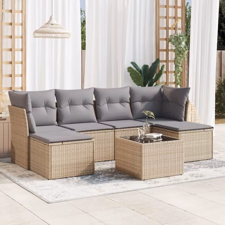 vidaXL Set Divani da Giardino 7 pz con Cuscini Beige e Tavolino in Polyrattan e Metallo