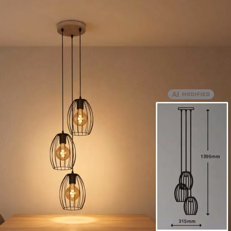 Lampada a sospensione Waktu, a 3 luci, nera/legno, 3 x E27 max. 60W, diametro 31,5 cm – Briloner