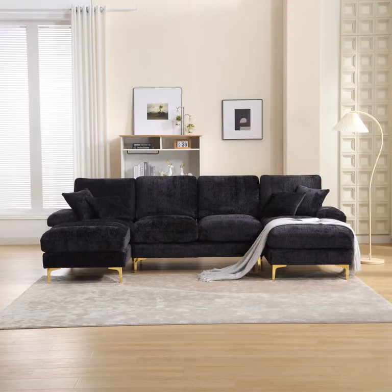 Abrihome Divano angolare Divano componibile a U Divano per 4 persone con funzione reclinabile, ciniglia - Nero