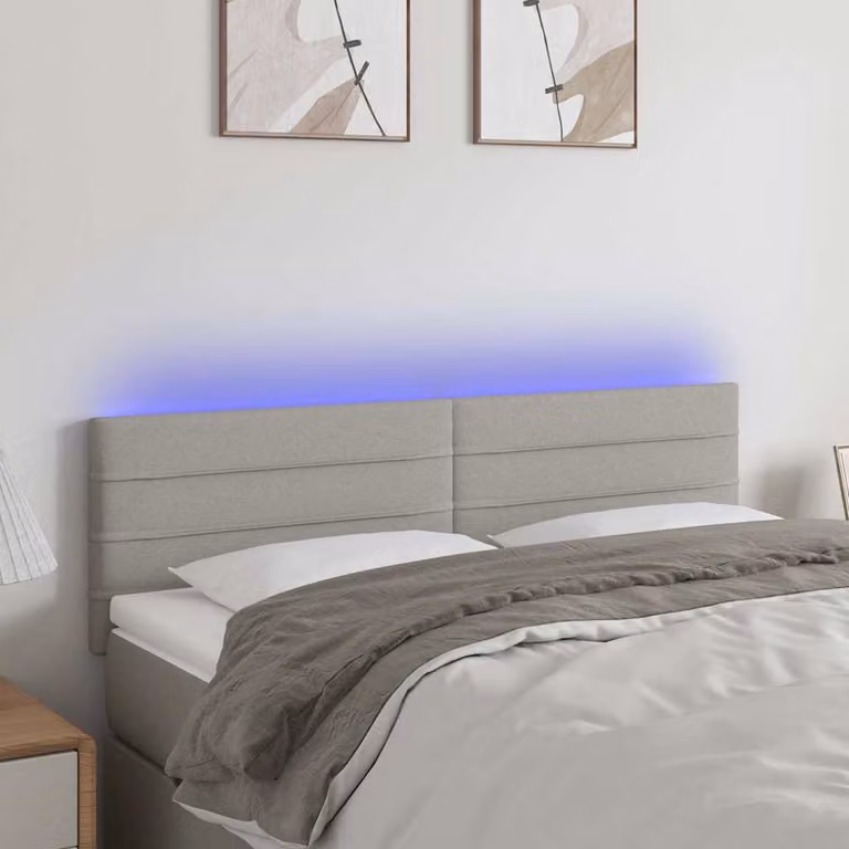 Testiera per letto vidaXL in tessuto grigio con illuminazione LED e porta USB, L: 144 cm, P: 5 cm, H: 78-88 cm