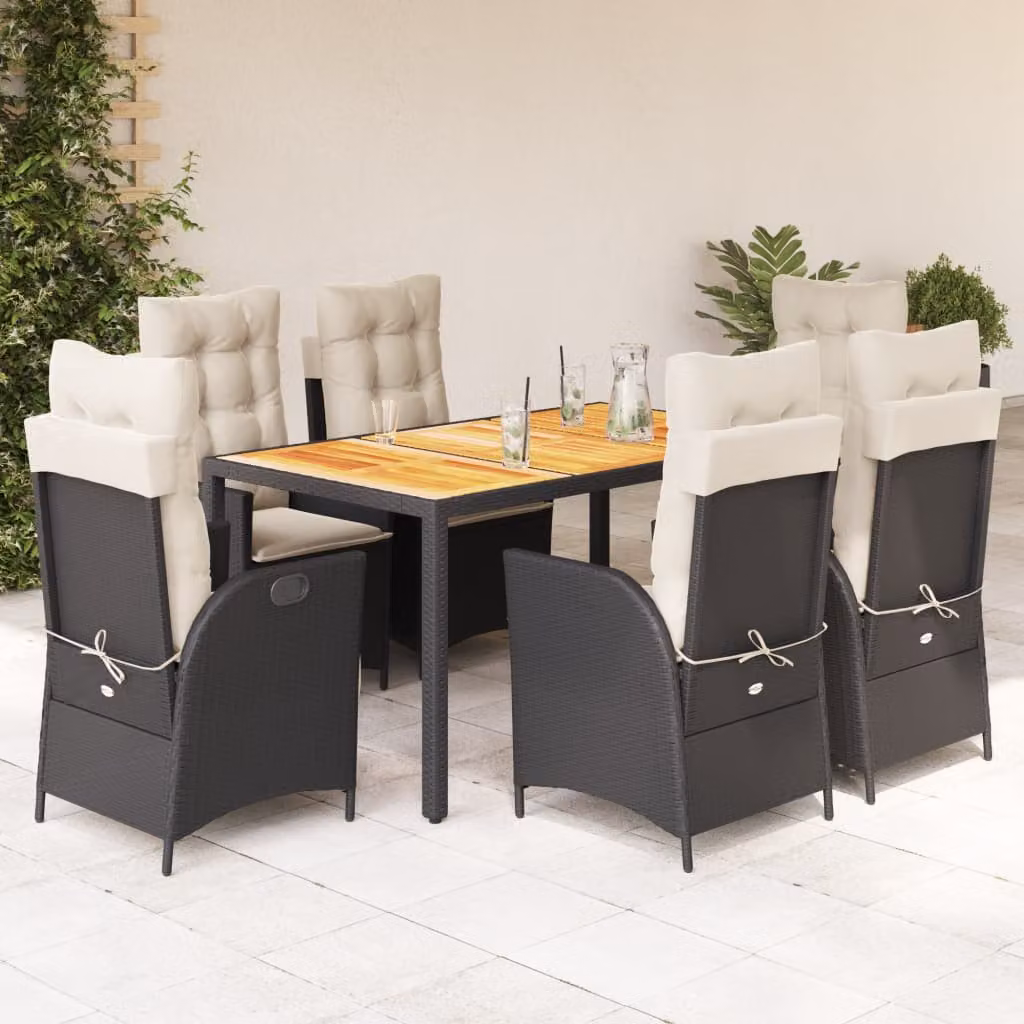 Set da Pranzo da Giardino vidaXL 7 pz in Legno di Acacia e Polyrattan Nero e Bianco con Cuscini – 1