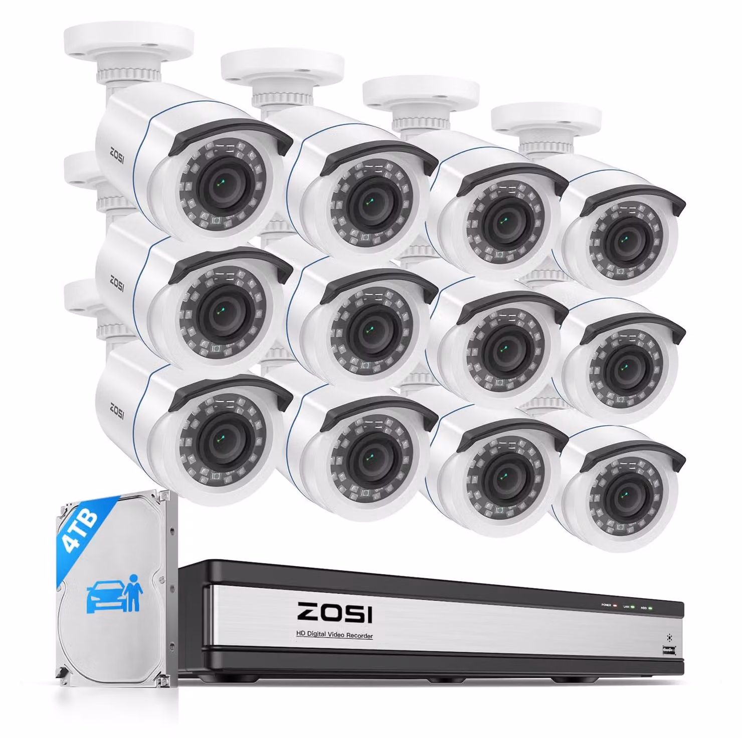 Kit di telecamere di sicurezza - 12 telecamere cablate da 1080p - Registratore video digitale (DVR) da 4TB - Resistenti all'acqua e con visione notturna - Adatte per interni ed esterni