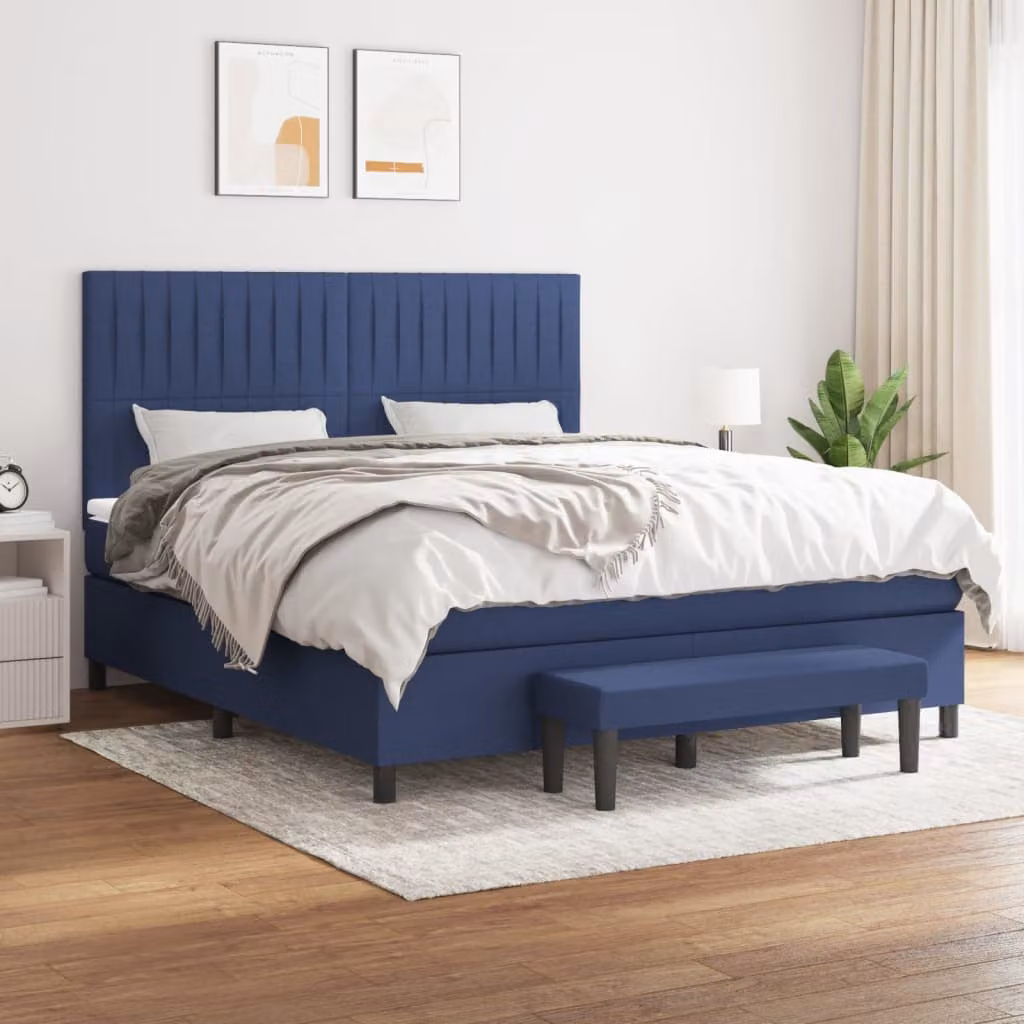 vidaXL Giroletto a Molle Ibrido con Materasso in Tessuto Blu e Bianco L/P/H: 180 x 200 cm – 1