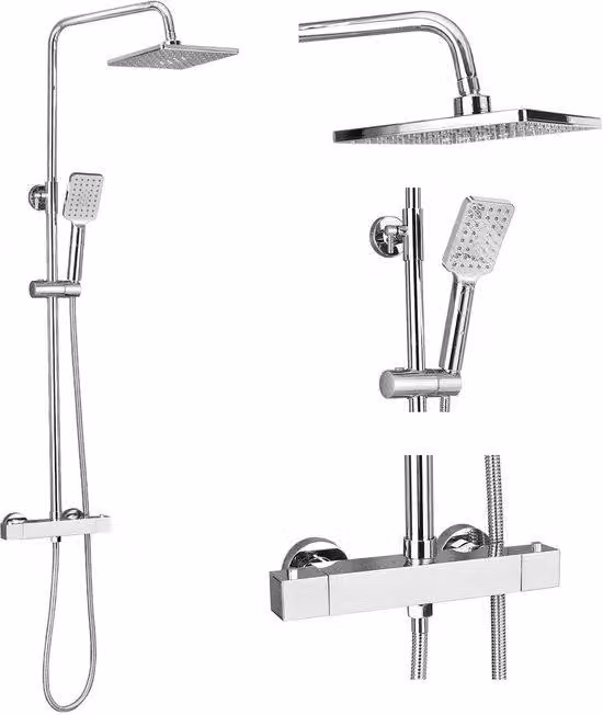 Sistema doccia con termostato Ibenzoa® – Soffione doccia da 21 cm, realizzato in ottone massiccio cromato, doccetta manuale con 3 getti, altezza regolabile da 80 a 117 cm, termostato a 38 °C