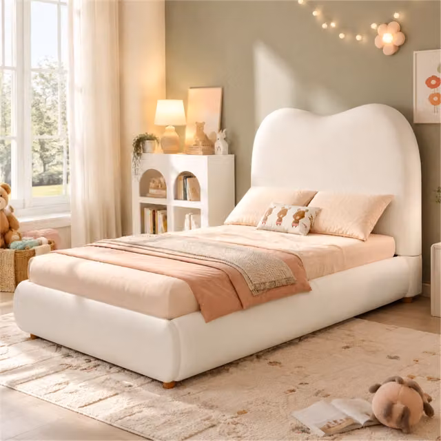 Letto contenitore imbottito con testiera in velluto beige e rete a doghe con sollevamento idraulico
