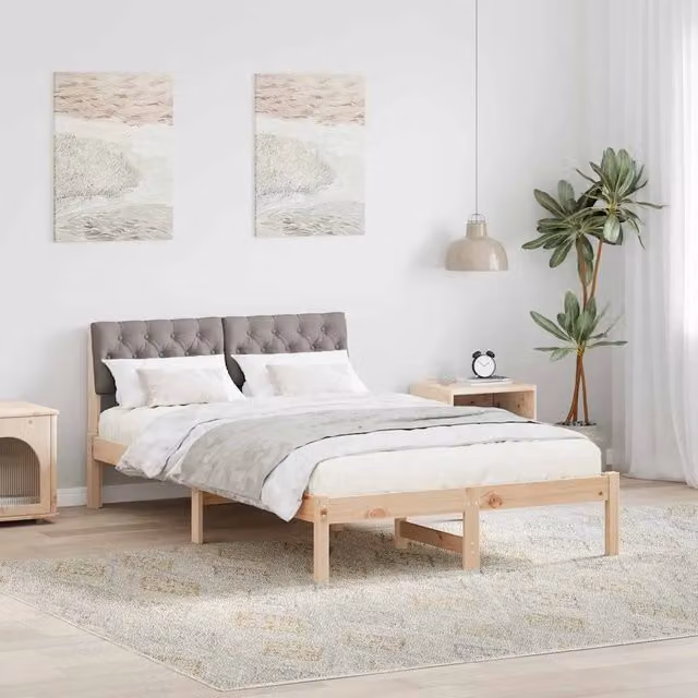 Letto moderno vidaXL in legno massello di pino con testiera imbottita in tessuto, colori marrone, beige e grigio, L/P/H: 200 x 120 x 78,5 cm