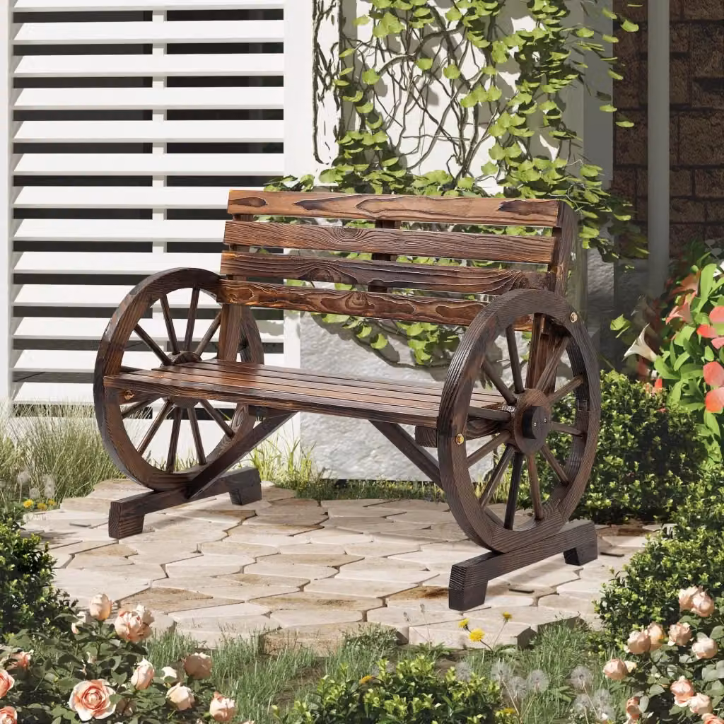 Panchina da giardino Komhtom a 2 posti in legno di abete marrone con braccioli e design rustico – 2