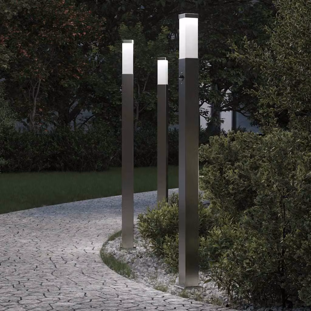 Set di 3 lampioni a paletto vidaXL con sensore di movimento in acciaio inox color argento, Altezza: 110 cm, protezione IP44