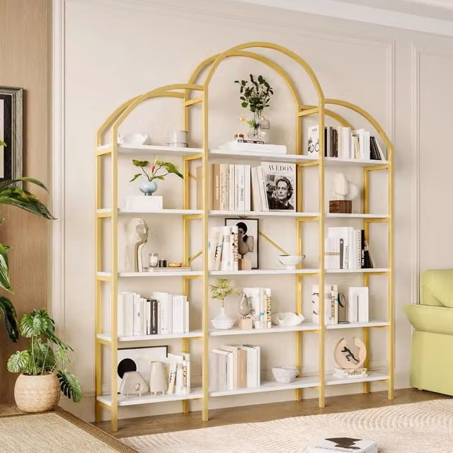 Libreria OKWISH a 5 ripiani con decorazione a nuvola in MDF e metallo per soggiorno, bianca e dorata, L: 170 cm, P: 26 cm, H: 190 cm