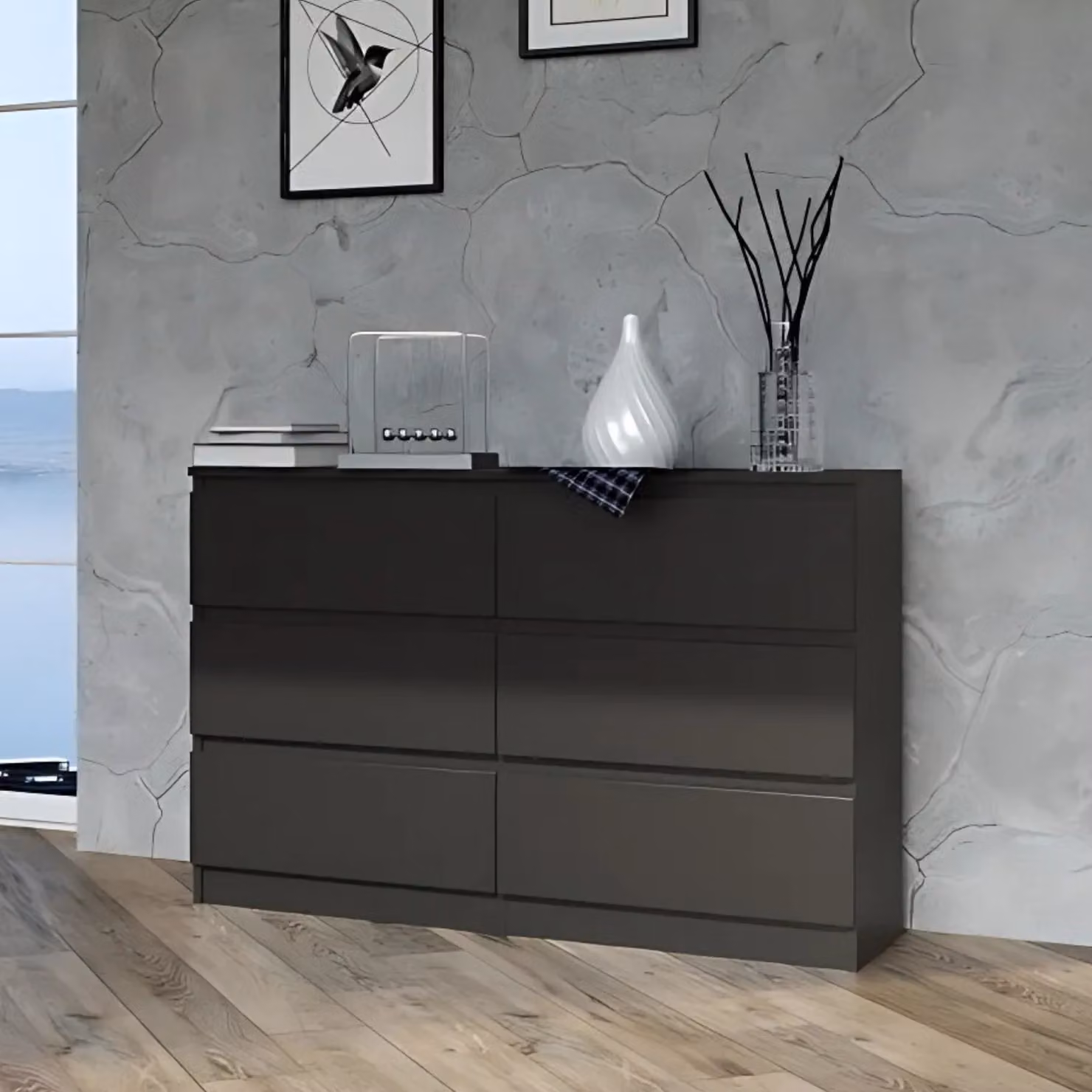 Comodino, mobile per camera da letto o ingresso, armadio, credenza, mobile alto con 6 cassetti, larghezza 120 cm, altezza 75 cm | Nero