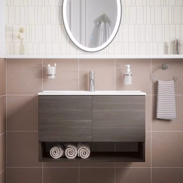 Mobile bagno sospeso Sauris con lavabo, due ante e vano a giorno, rovere scuro, Larghezza: 60 cm
