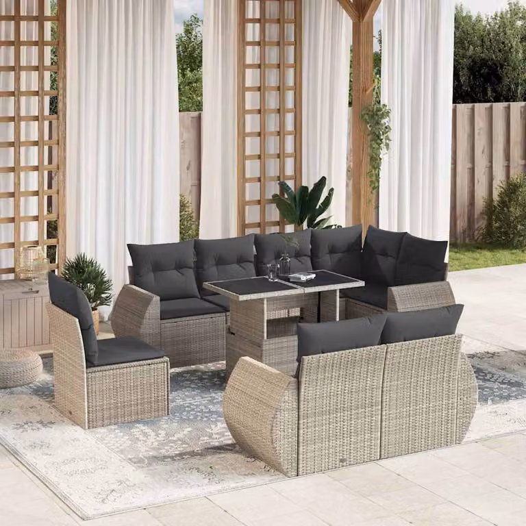 vidaXL Set Divano da Giardino a L 9pz con Cuscini Antracite e Tavolino in Vetro