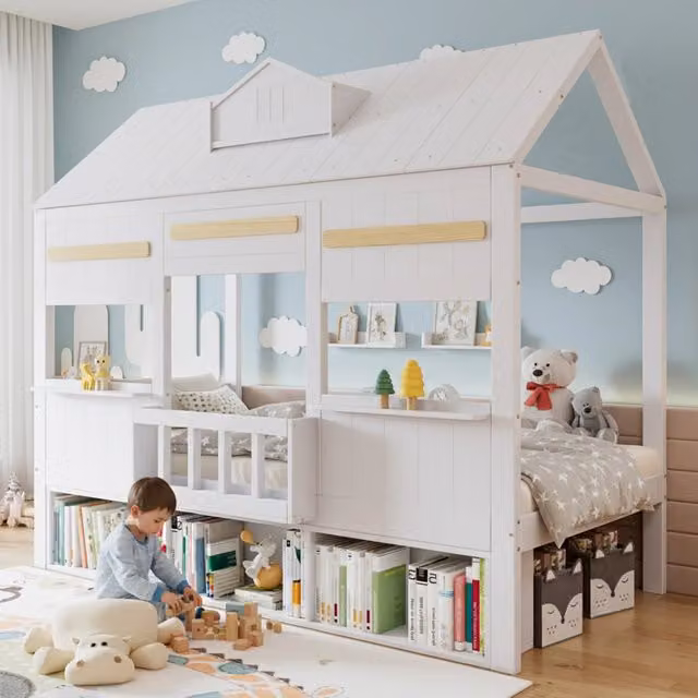 Letto a Soppalco per Bambini con Libreria ¨C MINIMAL ¨C Pino/MDF, Bianco, 90x200