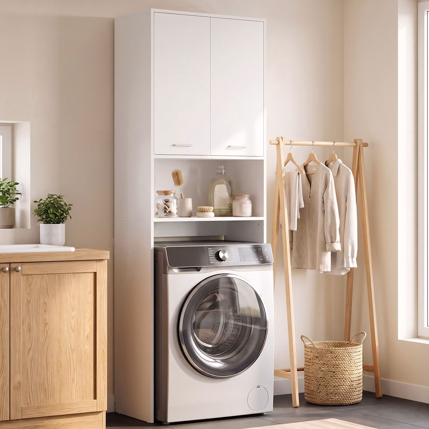 Mobile sopra lavatrice HOMCOM con 2 ante e vano aperto, Bianco, L: 66 cm, P: 24 cm, H: 191 cm – 2