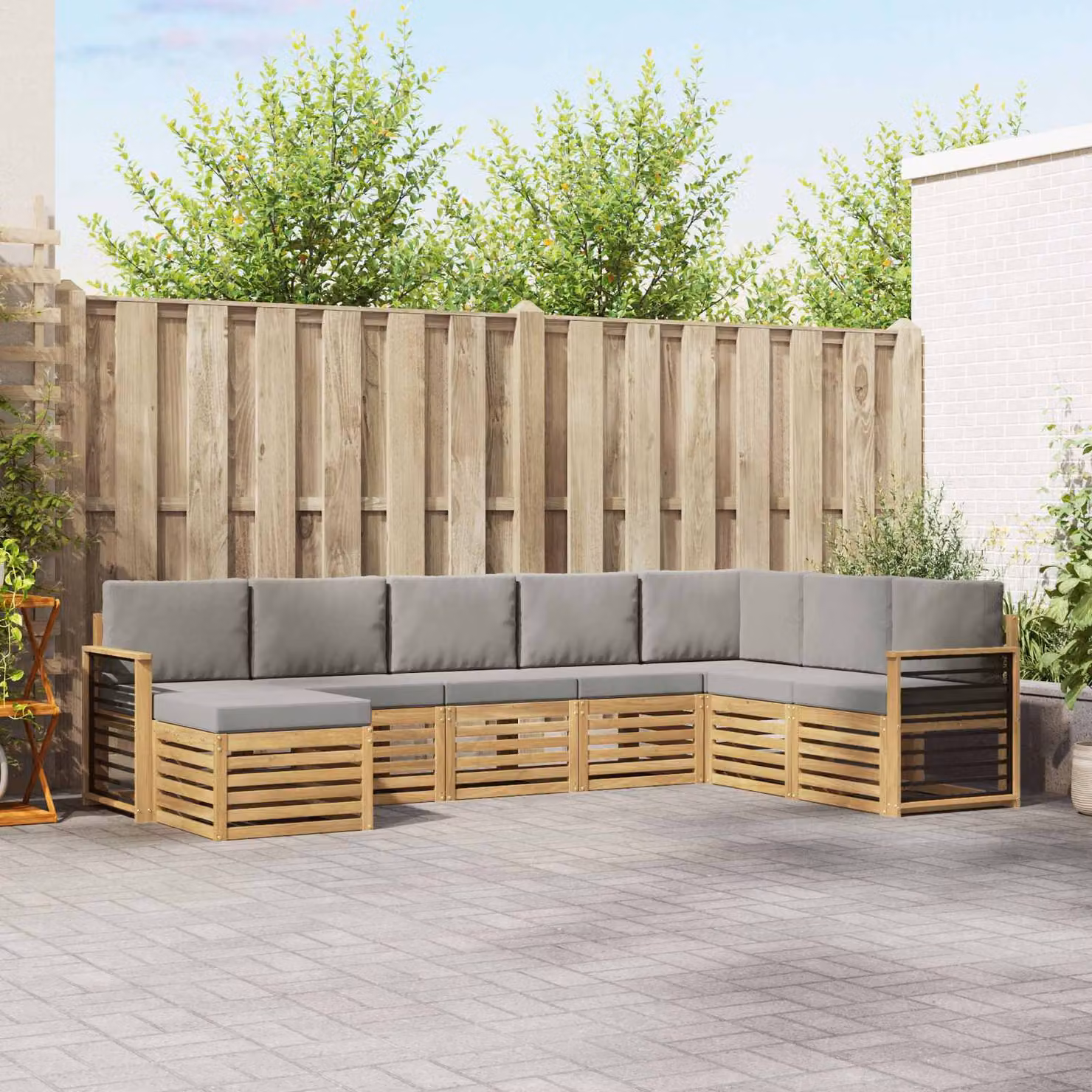 Set di divani da esterno vidaXL 8 pz in legno di acacia con cuscini, composizione a L con pouf, colori bianco, grigio e marrone