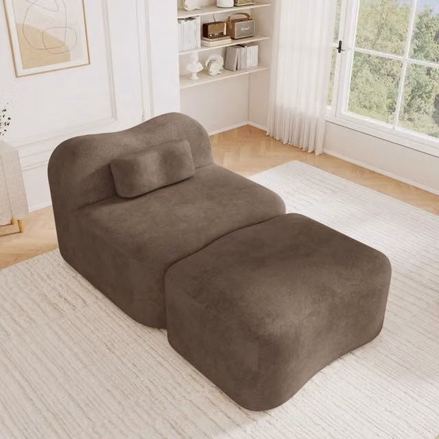 Divano modulare senza struttura con pouf e cuscino mobile, seduta profonda per soggiorno e appartamento, in velluto marrone