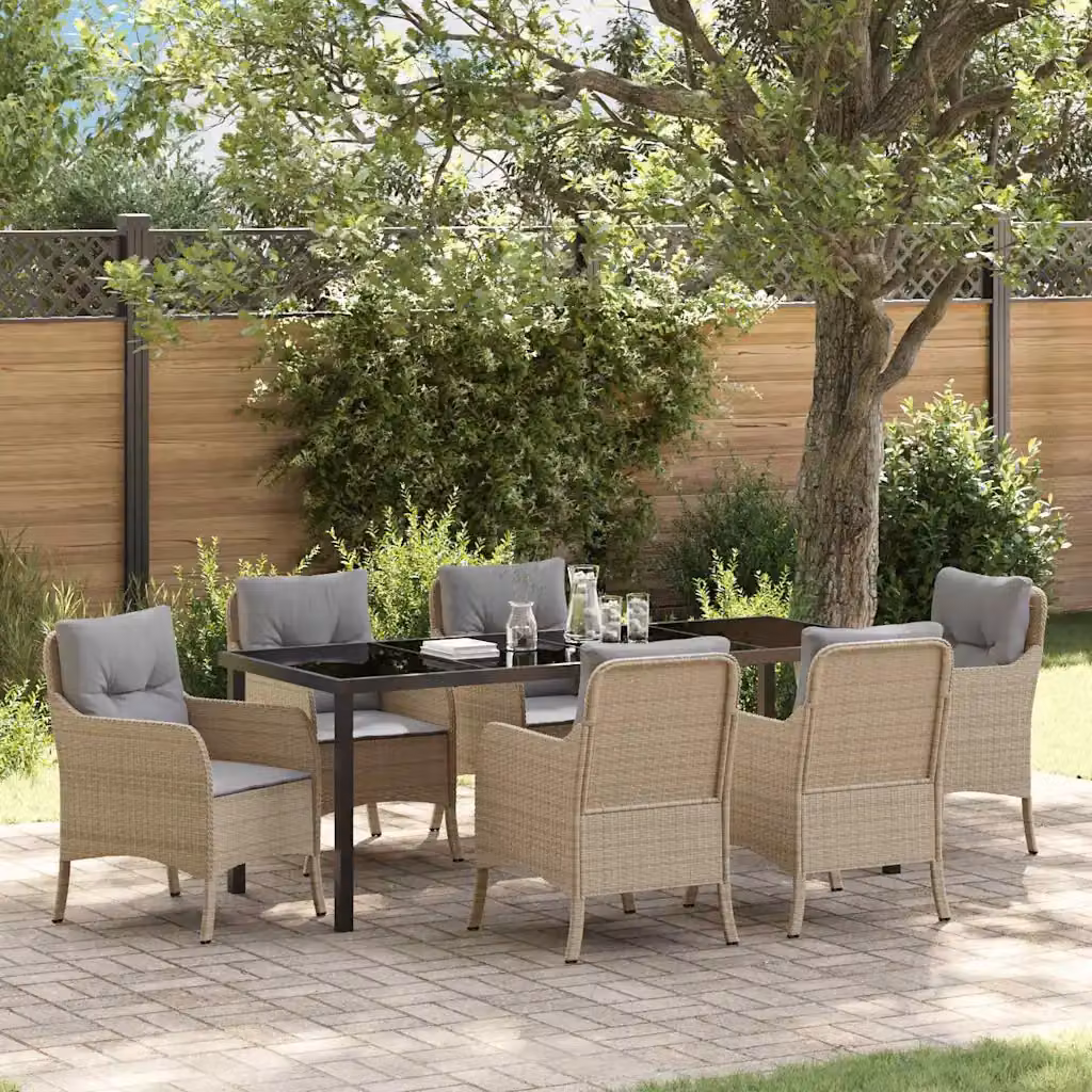 Set da pranzo per giardino e terrazzo vidaXL in polyrattan beige con tavolo in vetro e 7 pezzi