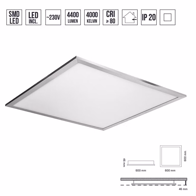 Plafoniera LED ALVARO 40W, 4000K, IP20, argento L: 600, L: 600, H: 46