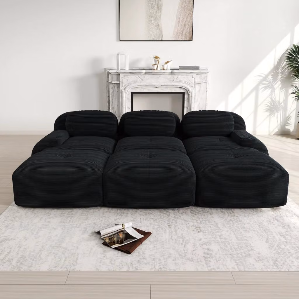 Divano angolare modulare OKWISH in tessuto corduroy nero con imbottitura in schiuma e braccioli ergonomici – 2