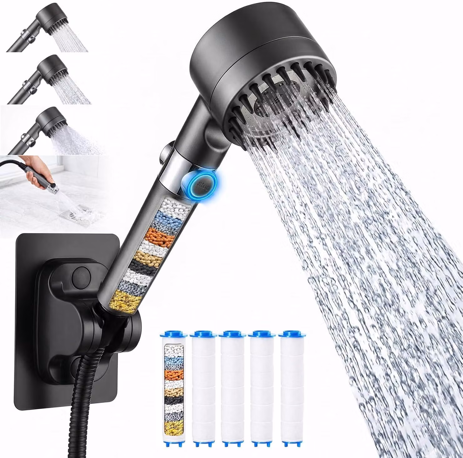 Doccia manuale con filtro, soffione ad alta pressione con tubo flessibile, 4 getti, funzione di arresto automatico, adatta per acque dure