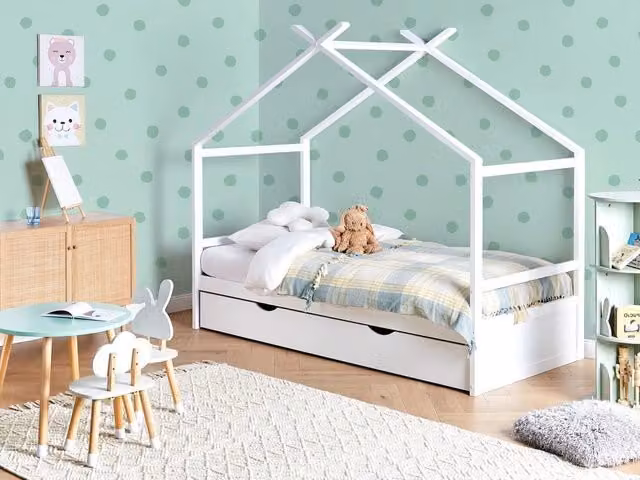 Letto per bambini in legno di pino bianco UE misura singola 90 x 200 cm con telaio a doghe cassetto contenitore letto per bambini piccoli