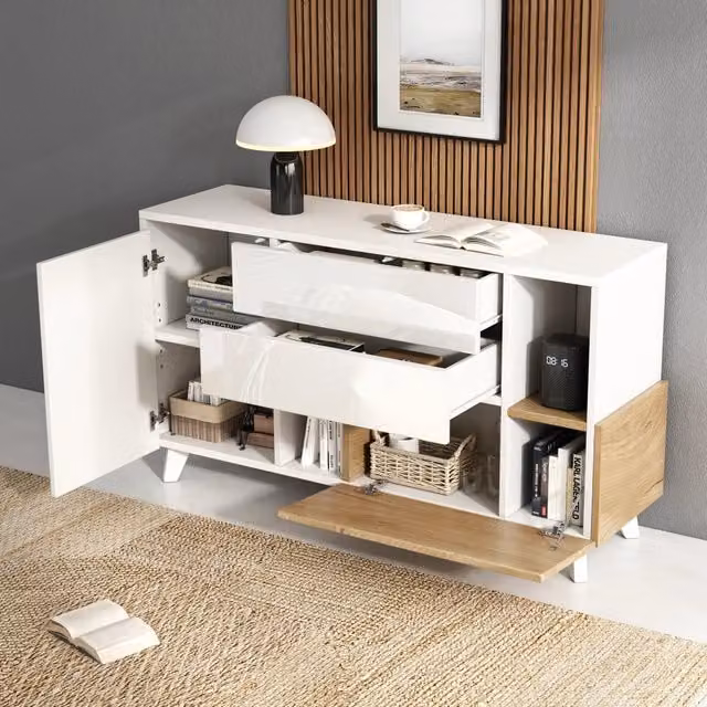 Madia Mivray moderna con ante senza maniglie e vano aperto, finitura bianco e rovere chiaro, L 130 x P 40 x H 70 cm