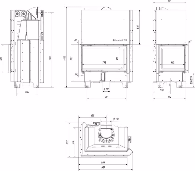 Inserto camino in acciaio KRATKI MBO sinistro 15 kW Ø 200 con porta scorrevole rivestimento nero