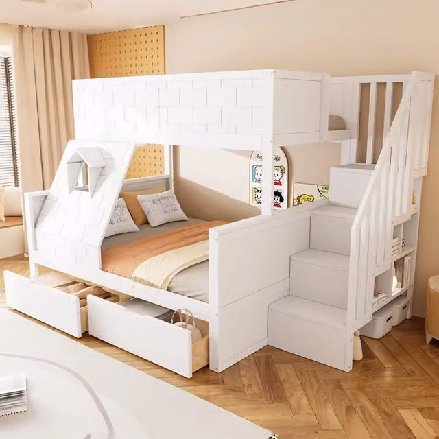 Letto a castello a 3 posti 90 × 200 cm e 140 × 200 cm, scala contenitore e 2 cassetti, senza materassi, bianco