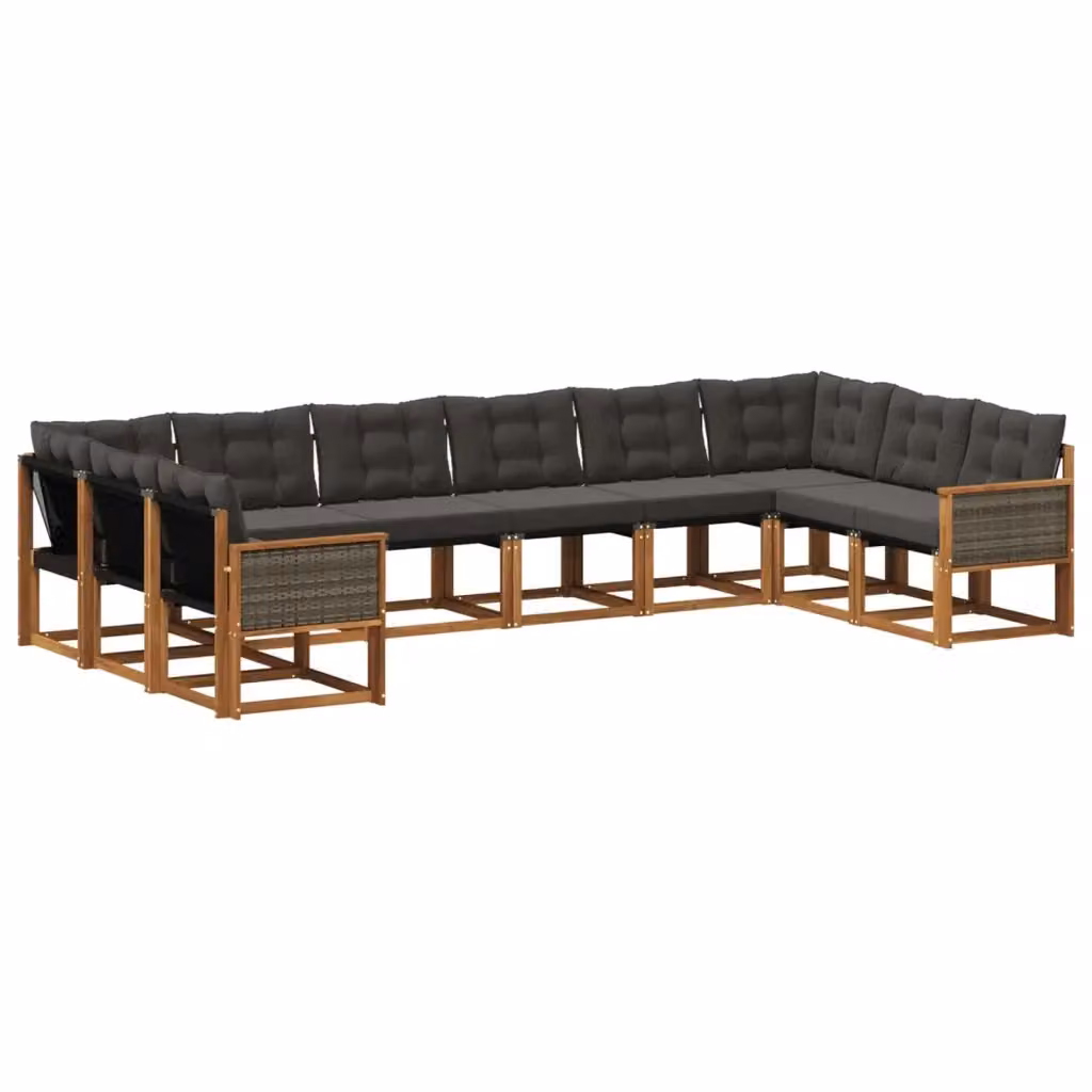 Set di divani da esterno vidaXL a forma di L composto da 10 pezzi in legno di acacia e textilene, colore marrone e nero, con cuscini inclusi – 2