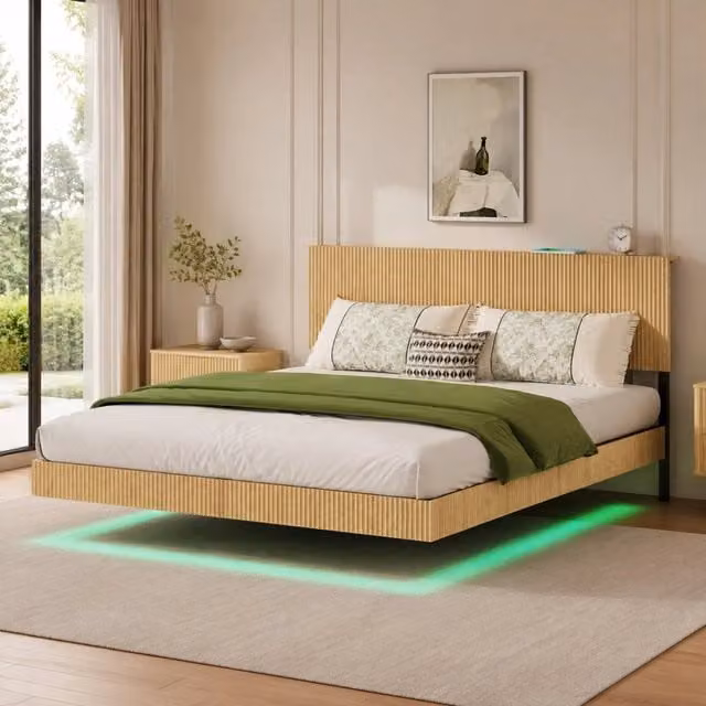 Letto sospeso 210.5x184x99.7 cm con presa integrata e luci LED RGB in metallo e pannello di particelle naturale