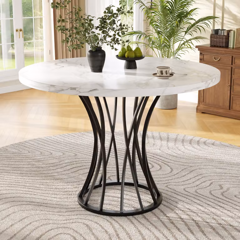 Tavolo da pranzo Flieks rotondo, tavolo da sala da pranzo con gambe nere, tavolo leggero e lussuoso, tavolo da cucina per sala da pranzo soggiorno, 80x80x76 cm, bianco