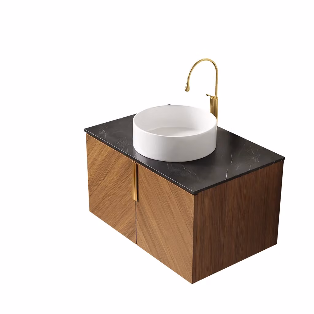 Mobile bagno sospeso moderno con 2 ante soft-close, lavabo tondo in ceramica e piano in pietra sinterizzata, finitura rovere marrone – 2