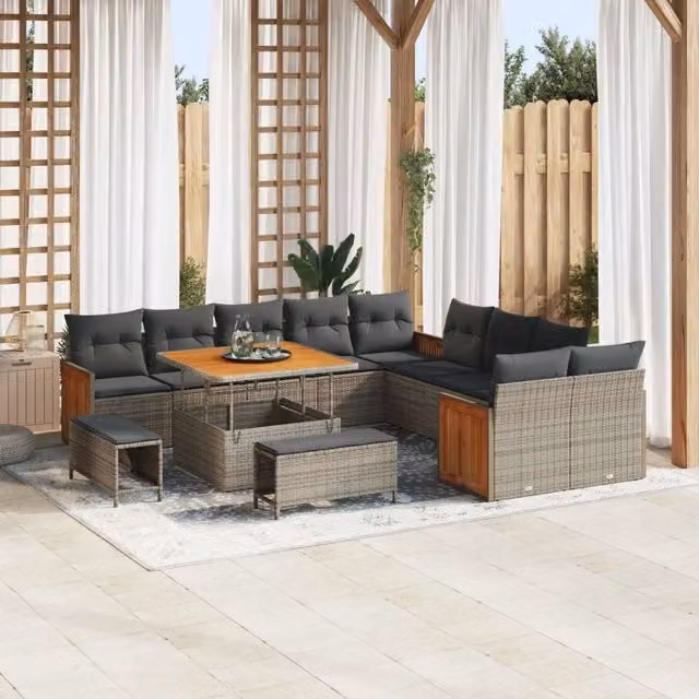 Set Divano da Giardino vidaXL 13 Posti a Forma a U Grigio con Tavolino e Pouf