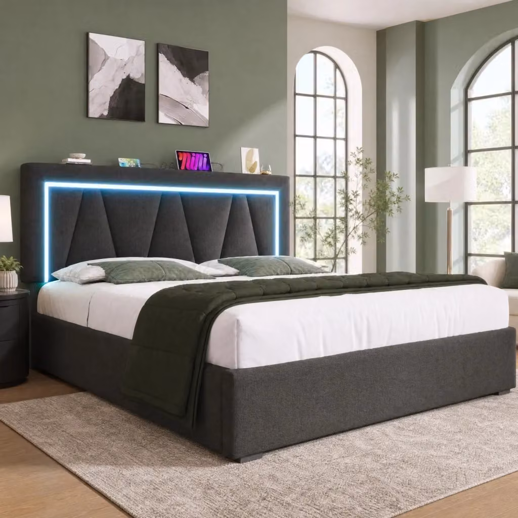 Letto contenitore Mivray in lino grigio con testiera regolabile, illuminazione LED e porte USB e Type-C, L/P/H: 140 x 200 x 110,5 cm – 2